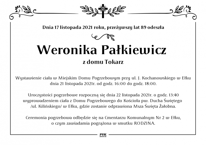 Weronika Pałkiewicz - nekrolog